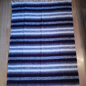 Mexican Blanket Heavy Weight Handmade Navy Cream Grey & Burgundy Patterned